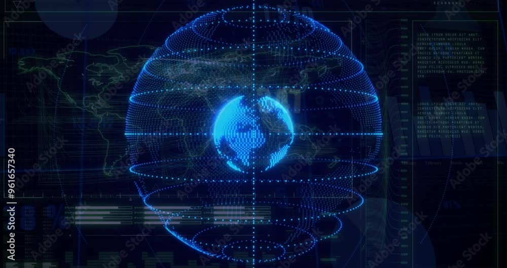 Poster rotating digital globe with data points and lines, global network animation