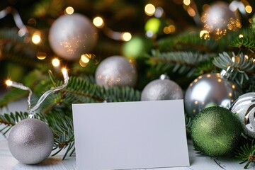 White blank card, silver and green balls on the right side of an empty sheet of paper, tree branches and lights in bokeh background.