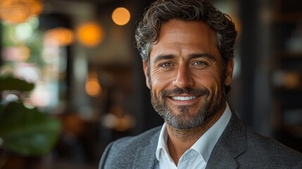 Obraz premium A smiling man in a gray suit showcases confidence in a stylish café setting during the daytime