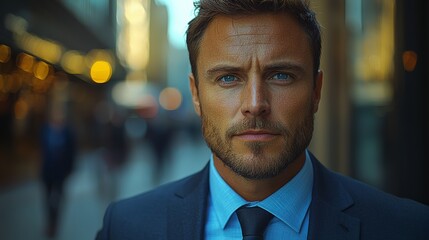 Fototapeta premium Confident businessman standing in a bustling urban street during late afternoon in a modern city setting