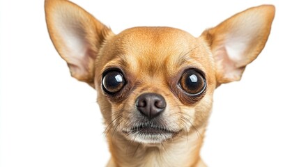 A close-up of a Chihuahua with expressive eyes and alert ears against a white background.