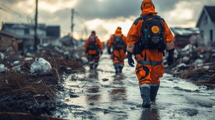 Rescue workers in bright orange suits navigate a muddy, debris-strewn area.