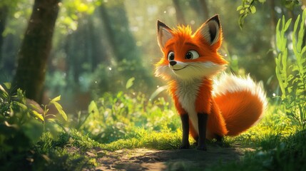A cute, fluffy fox with bright orange fur and a bushy tail, standing in a peaceful forest clearing, gazing curiously with big, playful eyes