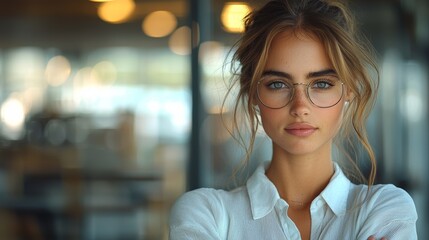 Obraz premium Young woman with glasses poses confidently in a modern café featuring warm lighting