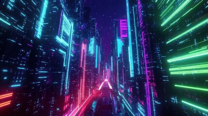 Fototapeta premium Futuristic neon cityscape with glowing skyscrapers and vibrant colors, creating a cyberpunk atmosphere perfect for tech and sci-fi themes.