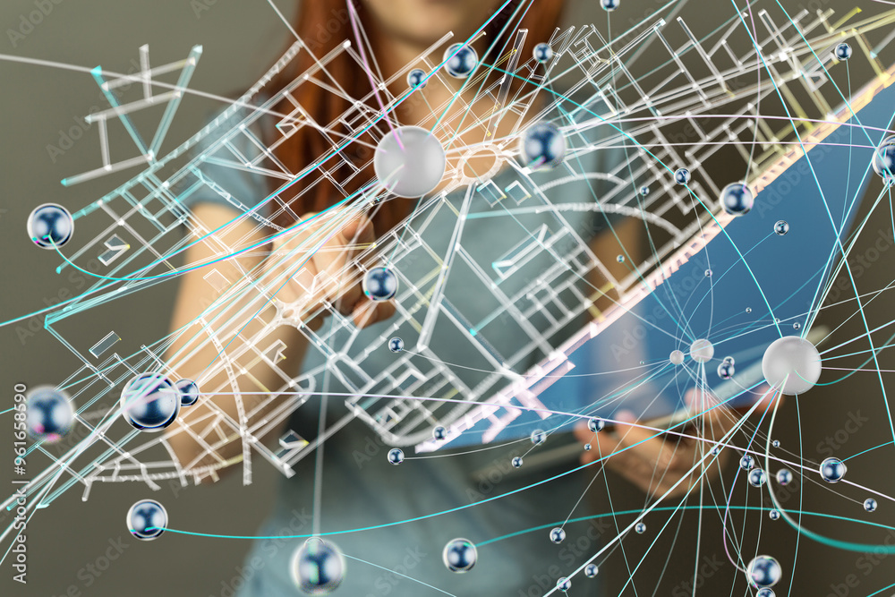 Poster Neural network 3D illustration. Big data and cybersecurity
