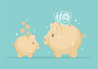A small golden piggy bank with coins and a large one with bills. Flat vector illustration