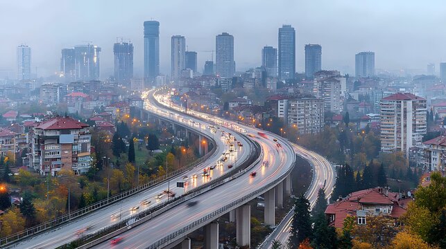 Aerial view of a bustling cityscape with skyscrapers on a misty evening.