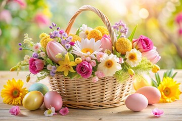Easter basket mix with spring flowers and pastel colors, whimsical and bright, soft focus photography, floral and feminine, pink and yellow hues, nature-inspired concept.