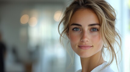 Obraz premium A young woman with blonde hair and blue eyes smiles warmly in a softly lit indoor space during the day