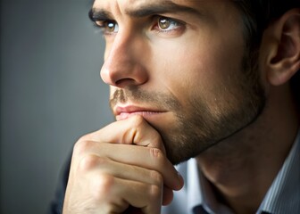 A contemplative individual ponders with a furrowed brow, hand resting on chin, lost in thought as the world