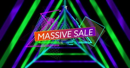 Massive Sale text over neon geometric shapes and glowing lines animation - Powered by Adobe