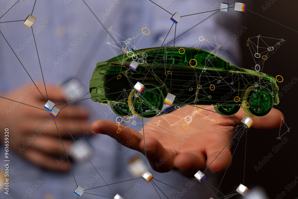 Poster Autonomous car with HUD graphic of Navigation system driving