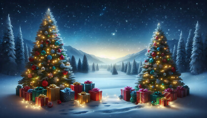 Obraz premium A winter landscape featuring two decorated evergreen trees adorned with ornaments and twinkling lights positioned on either side of a snowy scene