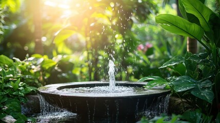 Serene garden with a water fountain surrounded by lush green plants and warm sunlight, offering a peaceful and tranquil outdoor setting.