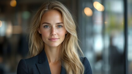 Obraz premium A confident young woman with blonde hair poses in a modern office setting during daylight hours