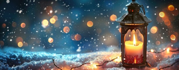 lantern with burning candle in snow on blue starry night sky background, wide banner for card design