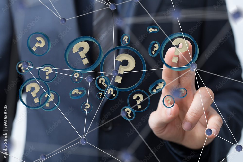 Aufkleber Businessman solving problem with digital question marks 3D rendering