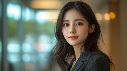 Young woman in a blazer smiling confidently indoors with soft lighting, conveying a warm and approachable demeanor during afternoon