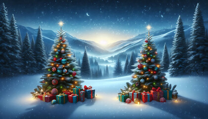 Obraz premium A winter landscape featuring two decorated evergreen trees adorned with ornaments and twinkling lights positioned on either side of a snowy scene