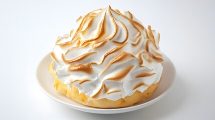 Extravagant lemon meringue tart with fluffy toasted peaks on white plate