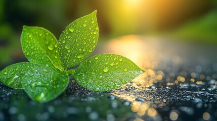 Freshly raindropped green leaves glisten under golden sunlight in a serene outdoor setting during early morning hours