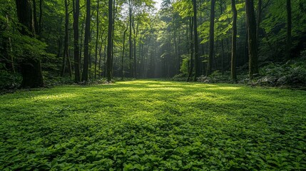 Lush green forest clearing filled with vibrant moss under soft sunlight in a tranquil woodland setting