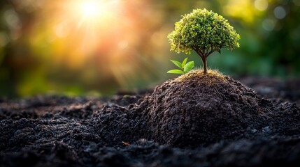 A small tree grows on rich soil under soft sunlight in a vibrant and flourishing natural environment during a serene afternoon