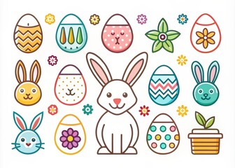 Easter bunny icon vector set simple lines bold colors playful style