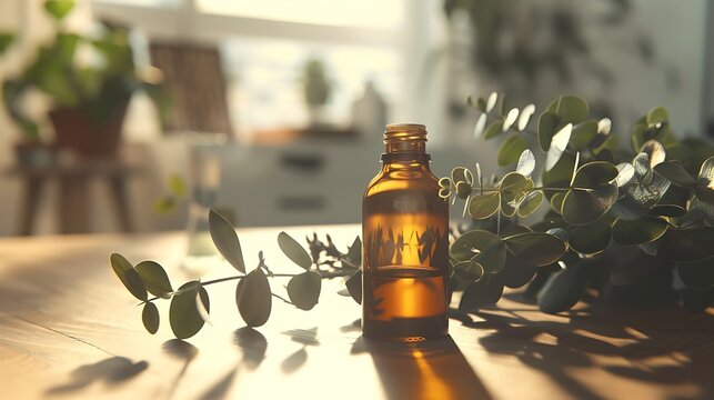 A bottle of eucalyptus essential oil placed on a table with fresh eucalyptus leaves