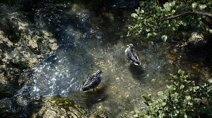 Two ducks swimming peacefully in a serene stream surrounded by lush greenery.