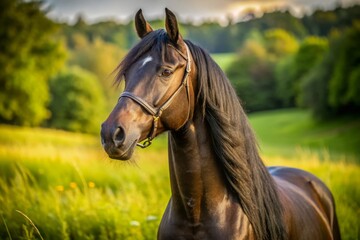 Fototapeta premium A dark brown gaited horse stands majestically in a sun-drenched meadow, its mane and tail flowing in the