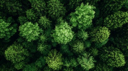 Fototapeta premium Lush green treetops of a dense forest captured from above during bright daylight