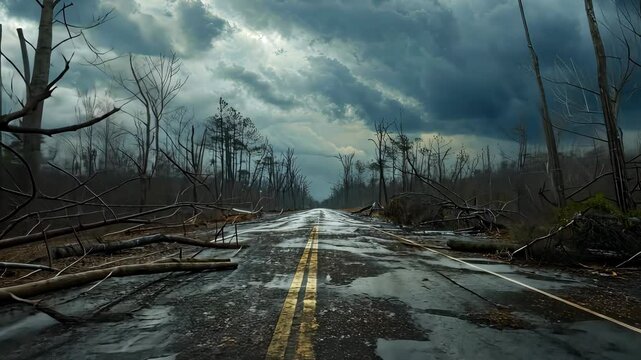 desolate road through storm-ravaged forest, dramatic sky. natural disaster and resilience concept