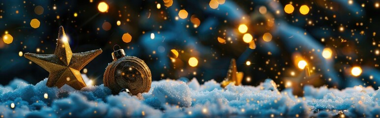 Gold stars and balls on snow against a dark forest background with bokeh lights. Winter banner template for advertising or promoting a product or service in the style of bokeh lights.