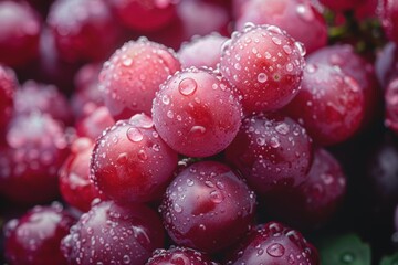 A close-up photograph capturing the vibrant, dewy surface of red grapes, showcasing their freshness with water droplets glistening on the fruit