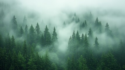 Misty forest landscape with evergreen trees shrouded in fog during early morning hours