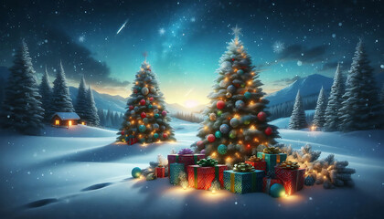 Obraz premium A winter landscape featuring two decorated evergreen trees adorned with ornaments and twinkling lights positioned on either side of a snowy scene