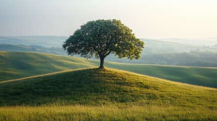 Fototapeta premium A solitary tree stands majestically on a grassy hill during the golden hour, surrounded by rolling hills and distant woodlands