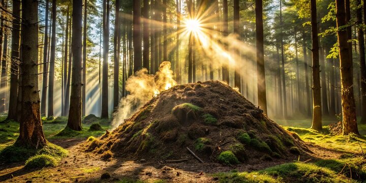 A dung pile in the forest floor glistens with sunlight filtering through the trees, highlighting the wispy steam