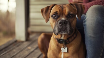 Obraz premium A close-up of a dog sitting beside a person on a porch, showcasing companionship and warmth.