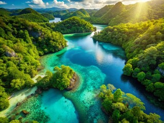Obraz premium Aerial perspective reveals a serene turquoise lagoon, surrounded by vibrant greenery, shimmering in the warm golden