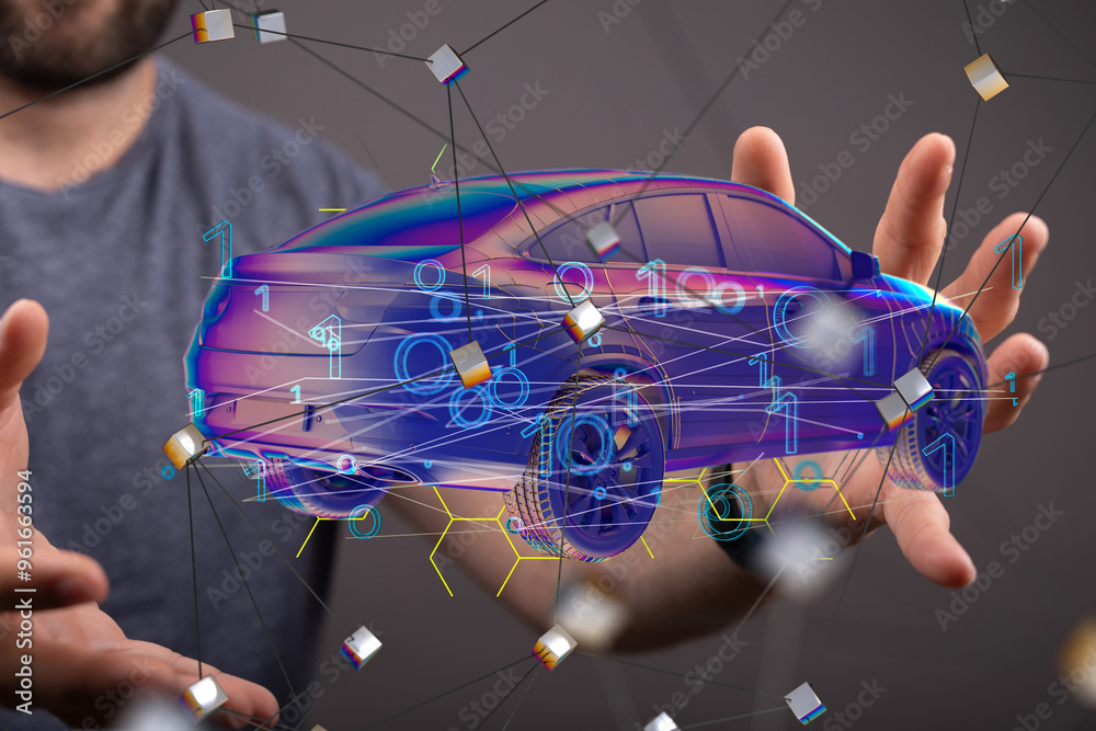 Poster Autonomous car with HUD graphic of Navigation system driving