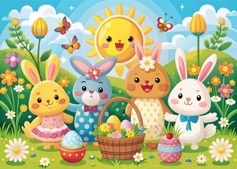 Easter day card design cute cartoon characters adorable bunnies chicks eggs baskets flowers gardens springtime fun playful silly kid-friendly bright colors bold typography