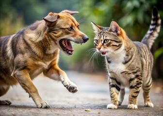 A fierce cat bursts forth, claws extended and eyes fixed intently on its canine target, its intent clear