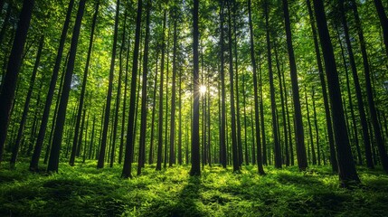 Fototapeta premium Sunlight filters through tall trees in a lush green forest during the early morning hours, creating a serene and tranquil atmosphere