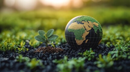 A small green plant grows beside a globe showcasing Africa, symbolizing environmental awareness and sustainability in nature