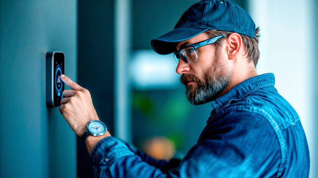 Technician installing smart home device on wall using control panel