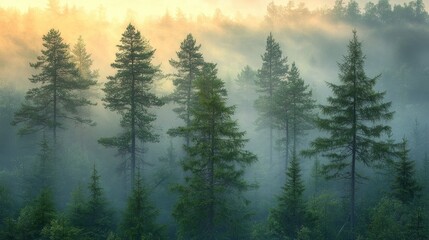 Misty morning reveals a serene forest landscape with evergreen trees under soft golden sunlight at dawn