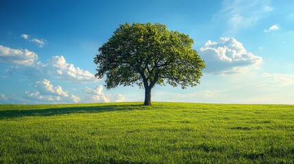 Obraz premium A solitary tree stands tall on a serene green hill under a vibrant sky with fluffy white clouds during the day